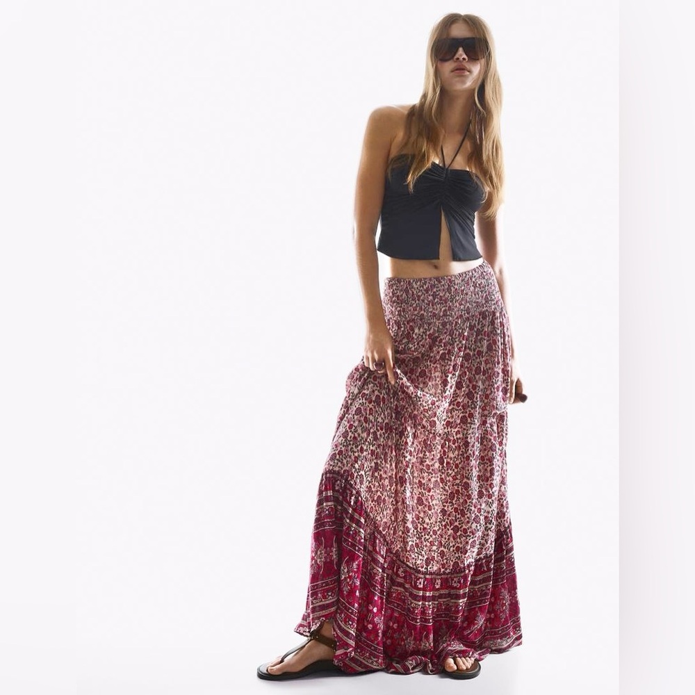 BERSHKA (A ZARA brand) Boho Print Maxi Skirt, pull-on elastic waist, L/XL